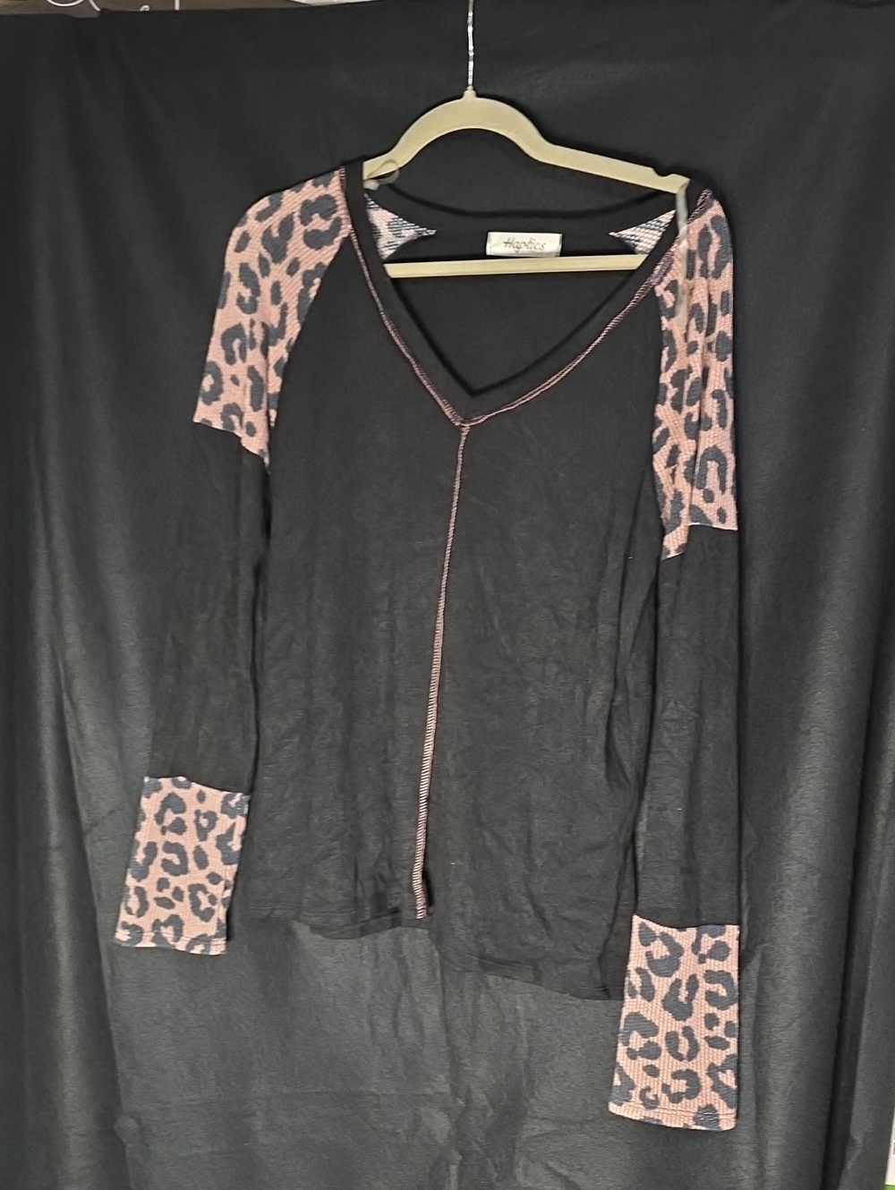 Black V-Neck Long-Sleeve Top with Pink Leopard Accents Sample Piece